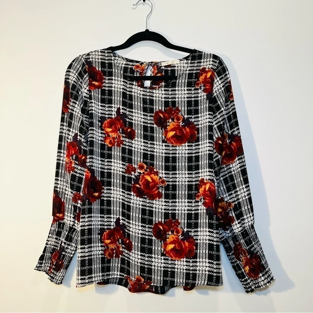 Anthropologie Black White Floral Plaid Long Puff Sleeve Sheer Peasant Blouse Top - Picture 2 of 9